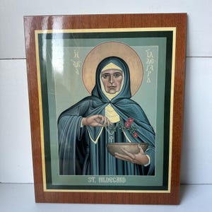 St. Hildegard of Bingen Wood Plaque: Religious Icon (15x12 inch)