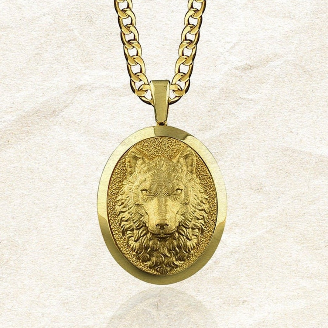 Personalized Gold Plated Mens Wolf Necklace Gold Oval Wolf Etsy