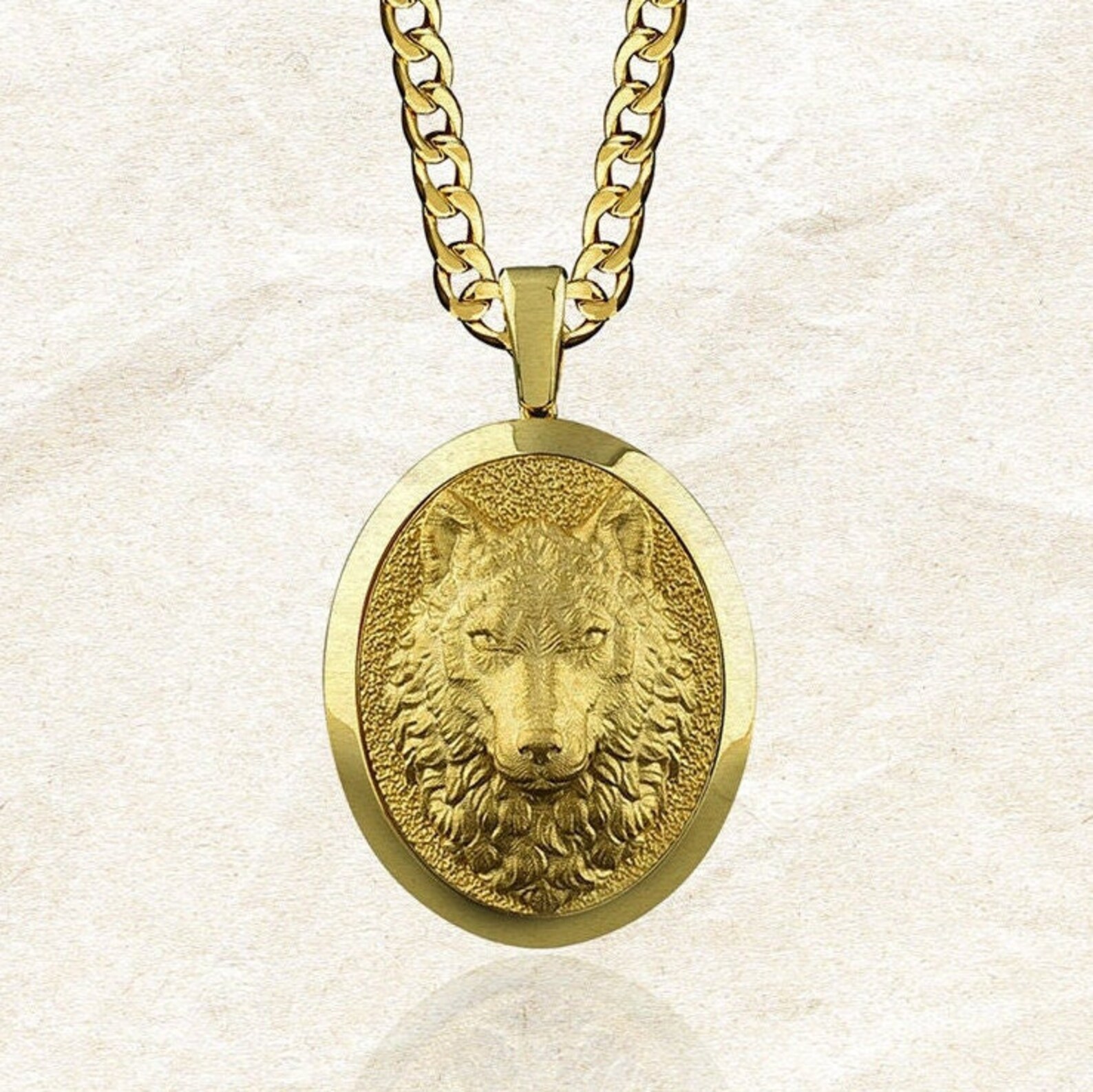 Personalized Gold Plated Mens Wolf Necklace Gold Oval Wolf Etsy