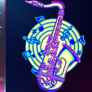 Saxophon-Schild, Musiknoten SVG, Jazz-Design, Musikinstrument Kunst, Laser-Schnitt, digitaler Download cdr eps dwg dxf ai, 3D-Papierschnitt