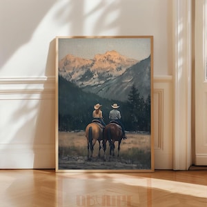 Vintage Cowboy Paar Digitale Wandkunst, Klassische Landschaft Druck, Wilder Westen Kunstwerk, Paar Reiten PNG Kunst, Digitaler Download