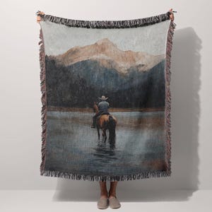 Vintage Cowboy Woven Blanket, Western Tapestry Throw, Wild West Woven Blanket, Horse Riding Country Blanket, Rustic Western Home Decor