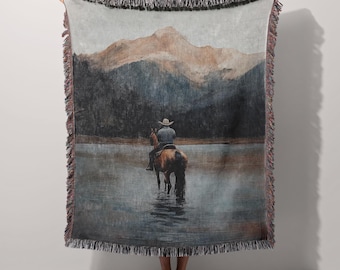 Vintage Cowboy Woven Blanket, Western Tapestry Throw, Wild West Woven Blanket, Horse Riding Country Blanket, Rustic Western Home Decor