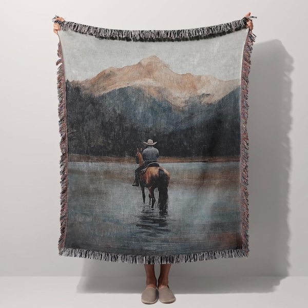 Vintage Cowboy Woven Blanket, Western Tapestry Throw, Wild West Woven Blanket, Horse Riding Country Blanket, Rustic Western Home Decor