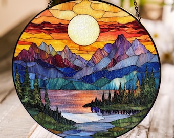 Mountain Range Stained Glass Suncatcher Ornament, Nature Suncatcher For Window Hanging, Stained Glass Window Decor, Christmas Home Decor