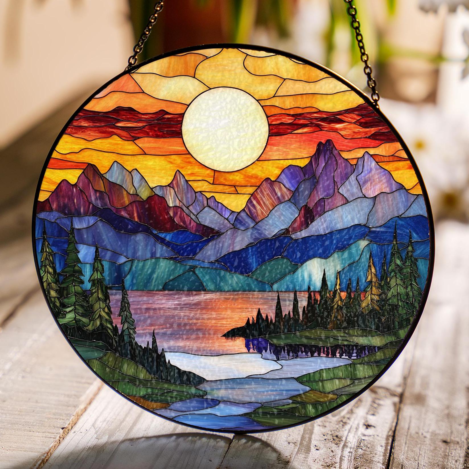 Mountain Range Stained Glass Suncatcher Ornament, Nature Suncatcher For Window Hanging, Stained Glass Window Decor, Christmas Home Decor
