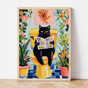 デジタル ダウンロード、新聞を読む黒猫 PNG、トイレの黒猫、バスルームの壁アート、面白いバスルームの装飾、ピンクのトロピカルな装飾