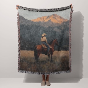 Vintage Cowgirl Woven Blanket, Western Tapestry Throw, Wild West Woven Blanket, Horse Riding Country Blanket, Rustic Western Home Decor