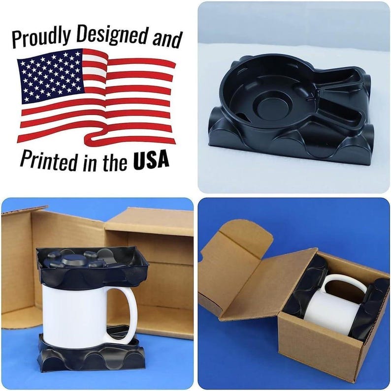May include: A black protective insert cradles a white coffee mug inside a cardboard box. The image includes the text "Proudly Designed and Printed in the USA" with an American flag.