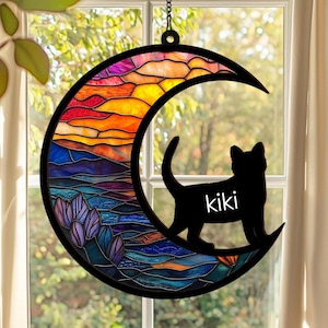Custom Cat Memorial Suncatcher, Engraved Cat Lovers, Couple Cat On Moon Loss of Pet Sympathy Gift, Gift for Cat Lovers, Cat Memorial Gift