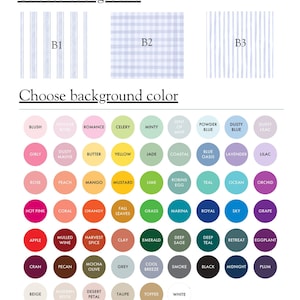 May include: Image showing options for background patterns and colors. The top section offers three background patterns: striped, gingham, and another striped design. The bottom section displays a color palette with various shades, including pinks, greens, blues, and neutrals.