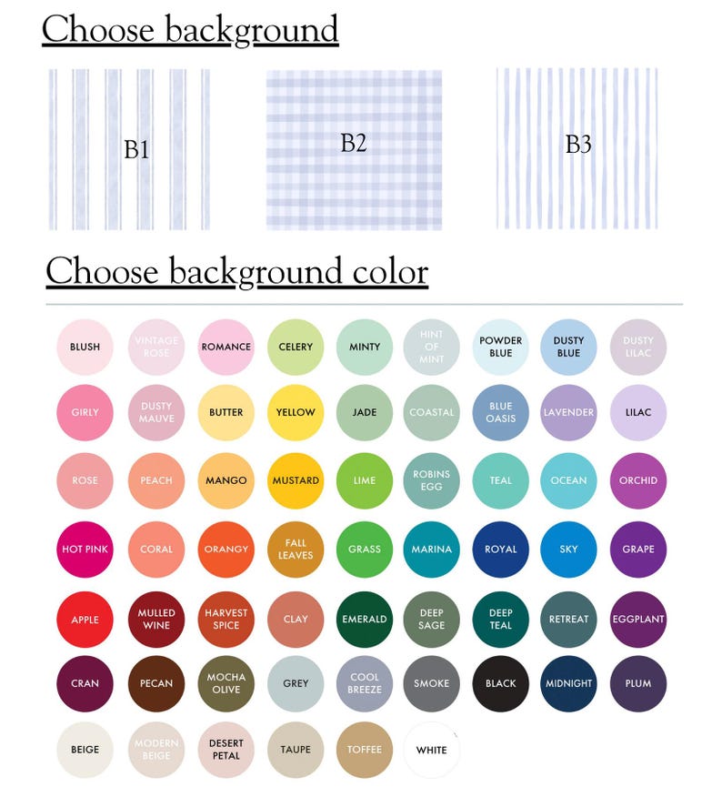 May include: Image showing options for background patterns and colors. The top section offers three background patterns: striped, gingham, and another striped design. The bottom section displays a color palette with various shades, including pinks, greens, blues, and neutrals.