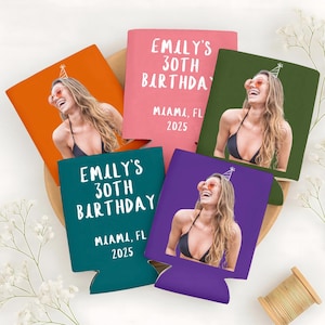 Personalized Photo & Text Birthday Can Coolers, Party Gifts for 30th 40th 50th Birthdays, Funny Birthday Favors, birthday can cooler