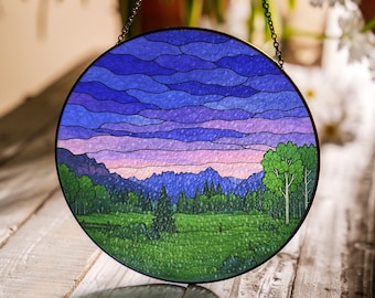 Mountain Range Stained Glass Suncatcher Ornament, Nature Suncatcher For Window Hanging, Stained Glass Window Decor