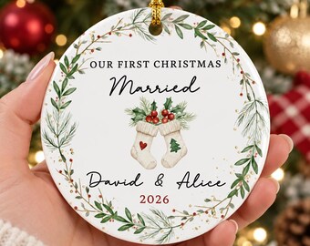 Our First Christmas Married Ornament, Personalized Newlywed Christmas Ornament, Custom Couple Name Wedding Keepsake
