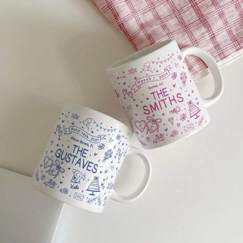 Personalized Bridal Mug with Names, Wedding Gift for Couple, Married Coffee Cup for Mr and Mrs, Bride and Groom with Pet Mugs
