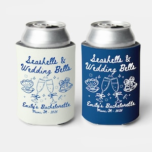 Seashells and Wedding Bells Can Coolers, Personalized Bachelorette Can Sleeves, Custom Beach Coastal Bachelorette Party Favors, Can cooler