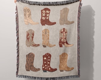 Western Cowboy Boot Woven Blanket, Vintage Western Style Throw Blanket, Western Girl Floral Boots, Vintage Western Decor, Cowgirl Gift