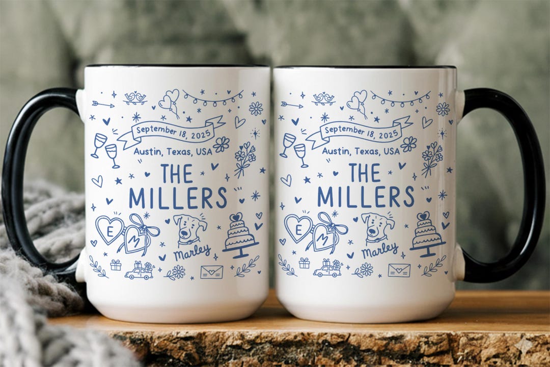 Personalized Bridal Mug with Names, Wedding Gift for Couple, Married Coffee Cup for Mr and Mrs, Bride and Groom with Pet Mugs