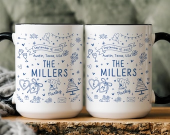 Personalized Bridal Mug with Names, Wedding Gift for Couple, Married Coffee Cup for Mr and Mrs, Bride and Groom with Pet Mugs