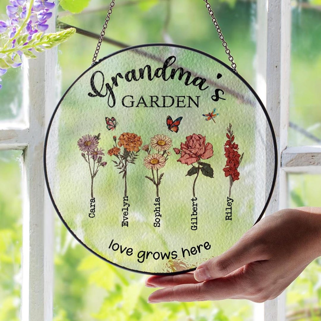 Personalized Birth Flowers Stained Glass Grandmas Garden Suncatcher ...