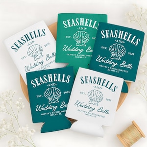 Seashells and Wedding Bells Can Coolers, Personalized Bachelorette Can Sleeves, Can Holder, Custom Beach Coastal Bachelorette Party Favors
