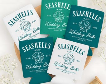 Seashells and Wedding Bells Can Coolers, Personalized Bachelorette Can Sleeves, Can Holder, Custom Beach Coastal Bachelorette Party Favors