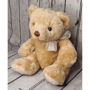 12&quot; Vintage Russ Berrie &quot;Amber&quot; Teddy Bear Plush Stuffed Animal Pink Ribbon Tan