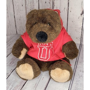 12&quot; Vintage Mary Meyer Brown Bear Plush Red LOVE U Hoodie Stuffed Animal 1995