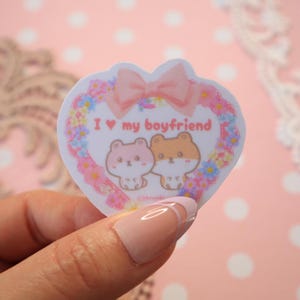 J'aime mon petit ami hamster mignon vinyle autocollant, j'aime mon petit ami, relation amoureuse, amitié, couple, dentelle, ruban, forme d'étoile, forme de coeur