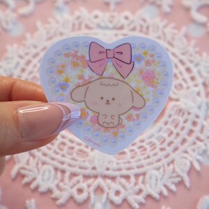 Adesivo de cachorro fofo com moldura de pérola em formato de coração, flor nas costas, cor pastel, feminino, princesa, adesivo de vinil, decalque para laptop kawaii, cachorro com fita