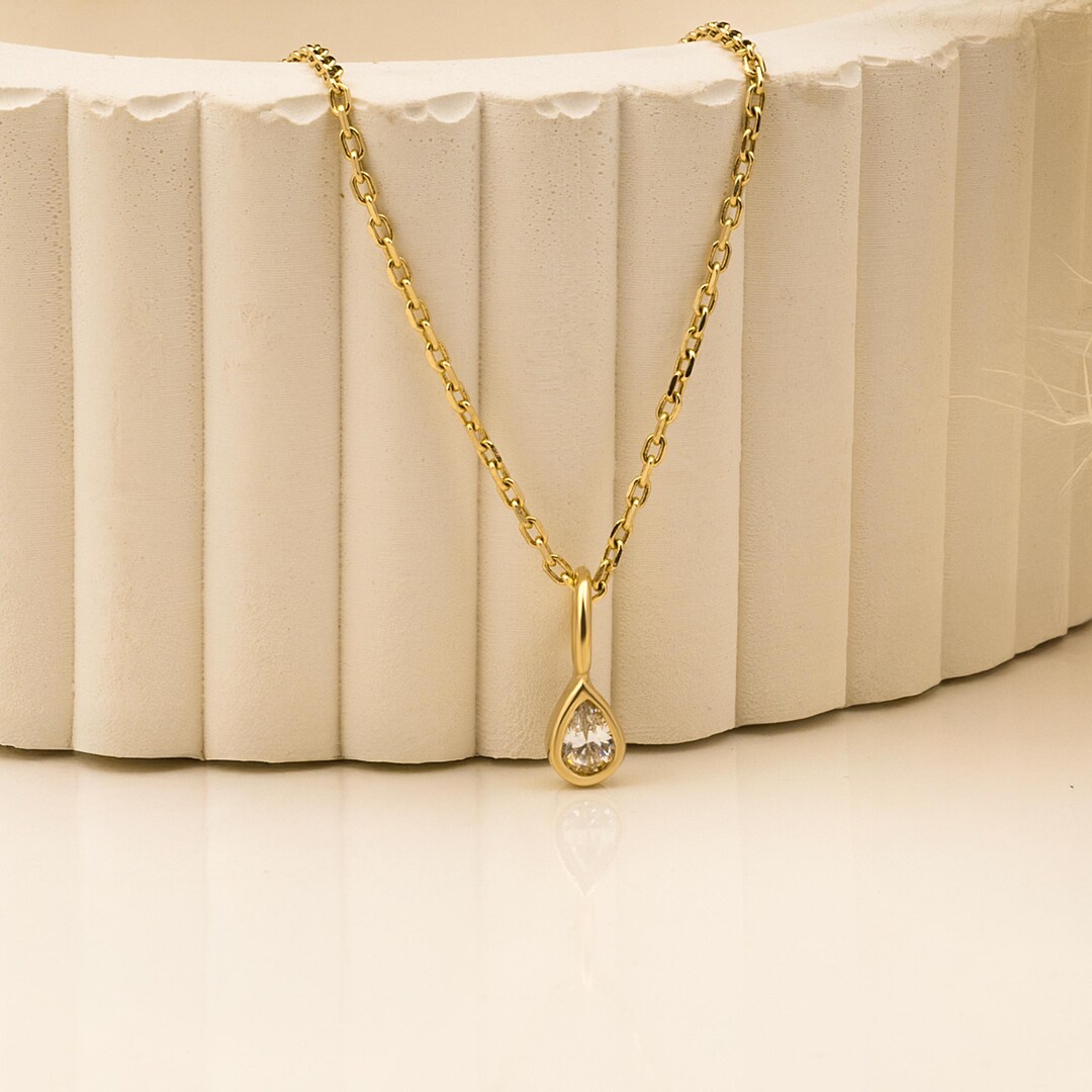 14K Solid Gold Drop Necklace: Minimalist Teardrop Pendant - Etsy