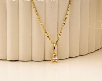14K Solid Gold Drop Necklace: Minimalist Teardrop Pendant