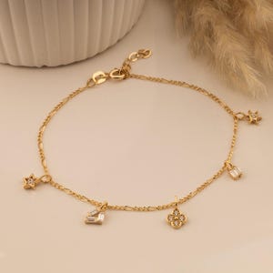14K Solid Gold Charm Bracelet, Gold Bracelet, Charm Gold Bracelet Zircon Stone Star, Flower, Baguette Charms