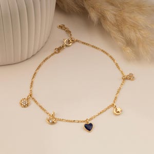 14K Solid Gold Charm Bracelet, Gold Bracelet, Charm Gold Bracelet Zircon Stone Charm Bracelet, Eye Flower Heart Charm