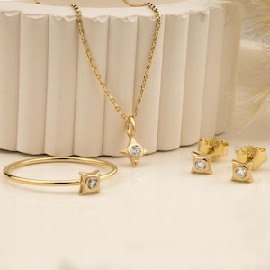 14K Solid Gold Jewelry Set: Fatima Hand Necklace, Ring & Earrings