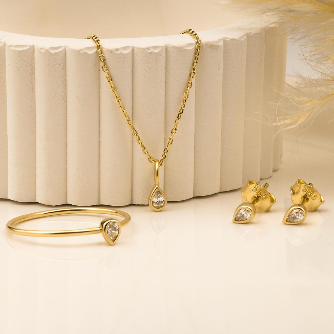 14K Solid Gold Jewelry Set With Necklace, Earrings and Ring, Drop Stone ...