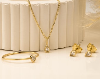 14K Solid Gold Drop Stone Jewelry Set: Necklace, Ring & Earrings