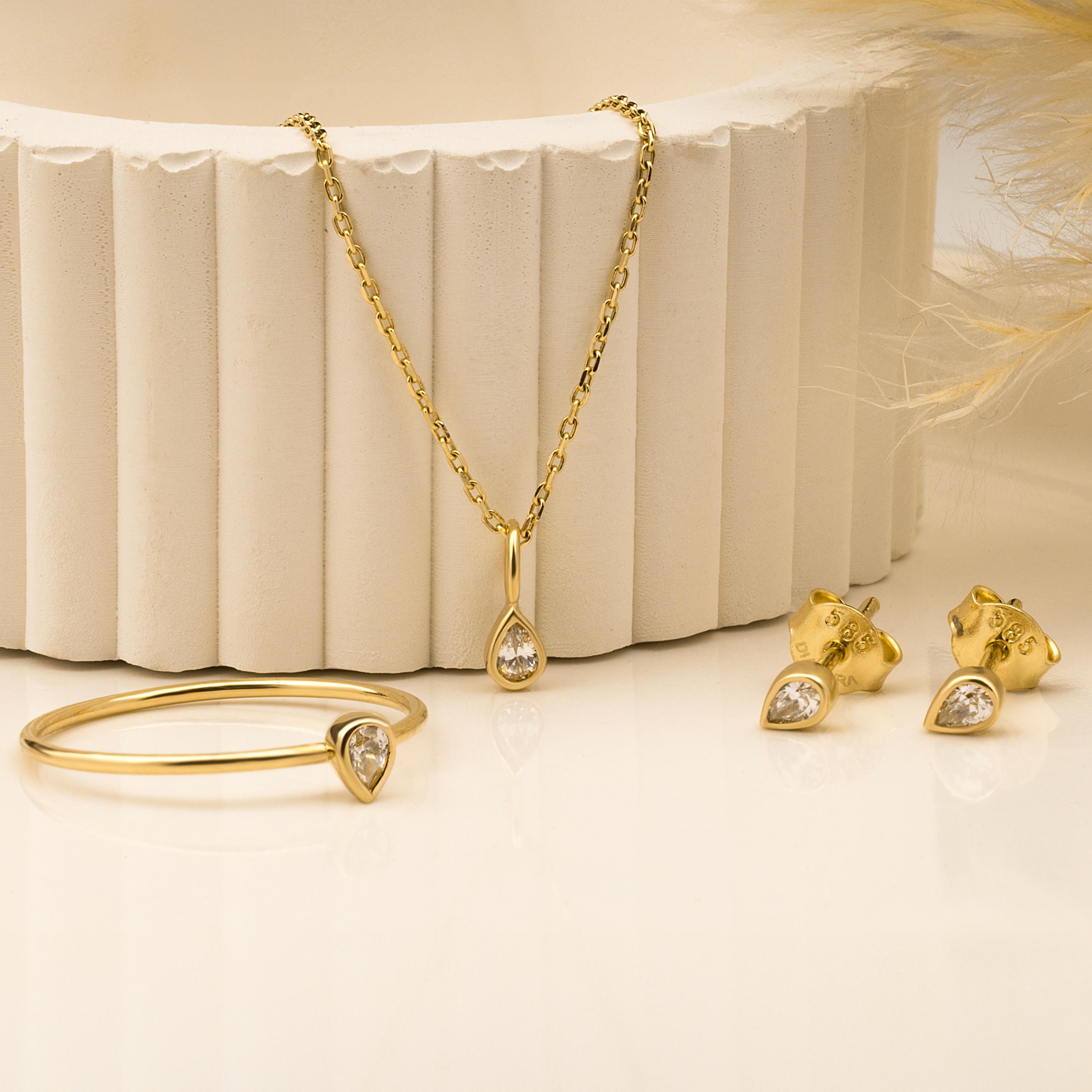 14K Solid Gold Drop Stone Jewelry Set: Necklace, Ring & Earrings - Etsy
