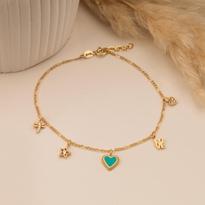 14K Solid Gold Charm Bracelet, Gold Bracelet, Charm Gold Bracelet Zircon Stone Charm Bracelet, Heart, Star, Love, Dragonfly