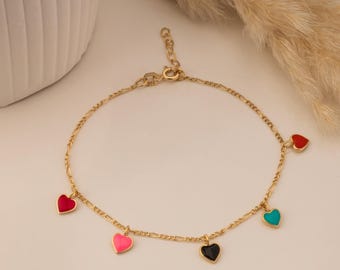 Pulseira com pingente de coração em ouro maciço 14K: pedra de zircônia colorida