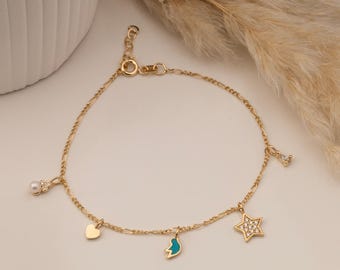 Pulseira de ouro maciço 14K com pingentes: zircônia, pérola, coração, estrela