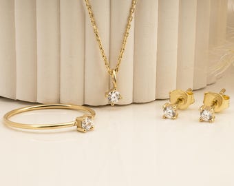 14K Solid Gold Solitaire Jewelry Set: Ring, Necklace & Earrings