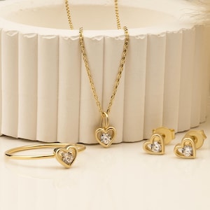 14K Solid Gold Jewelry Set with Necklace, Earrings and Ring, Heart Ring, Heart Necklace, Heart Earrings, Minimal Gold Sets