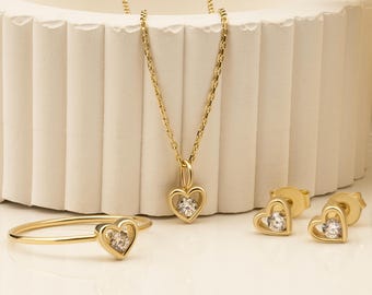 14K Solid Gold Heart Jewelry Set: Necklace, Ring & Earrings