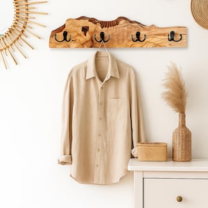 Garderobe aus Olivenholz Handgemacht, Wandhaken Flur Organizer, Geschenkidee Boho Deko Eingang