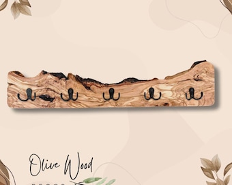 Rustic Olive Wood Coat Rack: Handmade Entryway Organizer with Metal Hooks