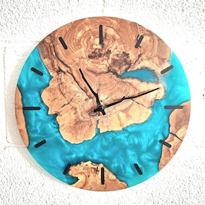 Olive Wood Resin Wall Clock | Handmade Live Edge Clock | Blue Epoxy Wall Art | Rustic Modern Decor | Gift for Him | Unique Home Gift