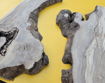 May include: Two irregularly shaped, light gray wood slabs with dark brown edges and visible grain patterns. The wood pieces are set against a bright yellow background, creating a striking contrast. The natural wood has a rustic, organic aesthetic.