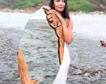 Handcrafted Live Edge Olive Wood Oval Wall Mirror: Rustic Handmade Decor